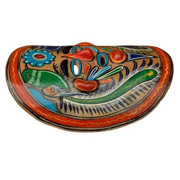 Vintage Mexican Hand Painted Clay Mask Folk Art Birds Flowers Wall Decor Boho - Picture 2 of 5